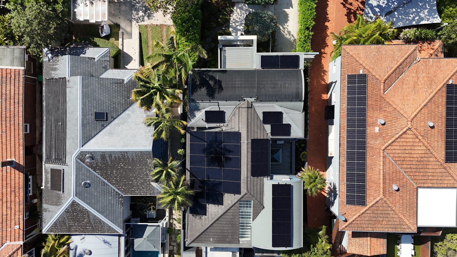Aerial view of townhouses with solar panels framed by a palm tree